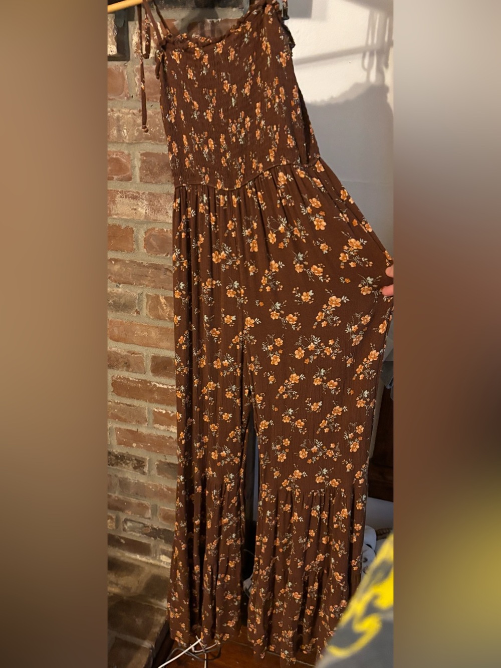 Brown Floral Smocked Wide-Leg Jumpsuit with Tie Straps - Picture 6 of 8